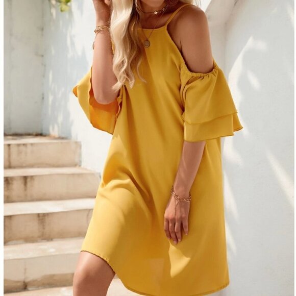Shein Ruffle Cold Shoulder Dress Mustard Yellow - Picture 2 of 15